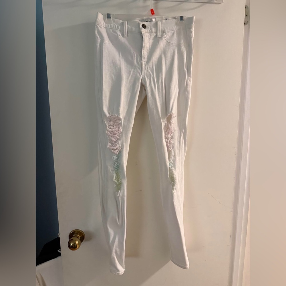 Wildfox White Skinny Jeans with Pastel Distressed Embroidery